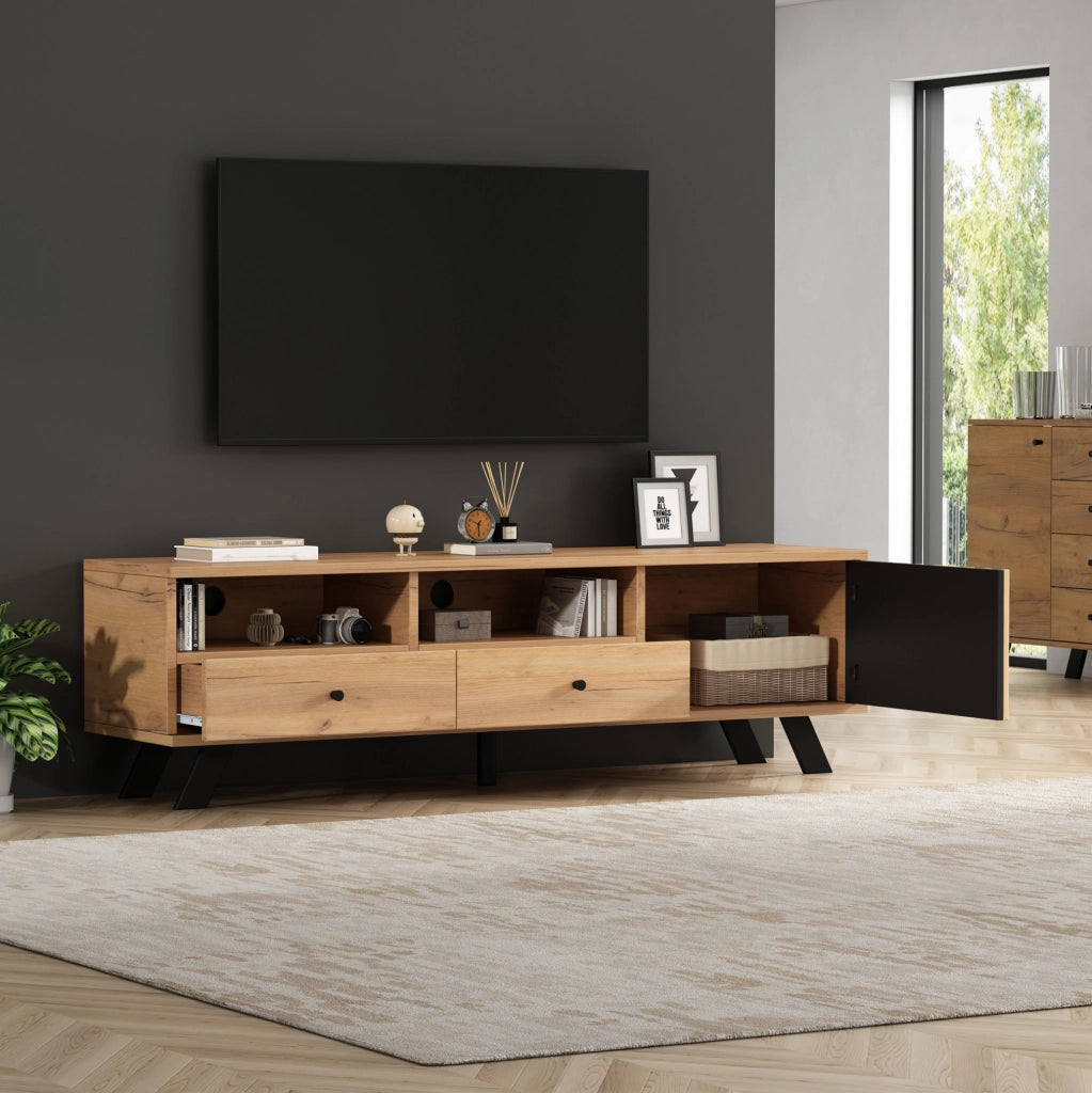 Set mobile TV 150 cm e credenza 120 cm con cassetti; naturale e nero