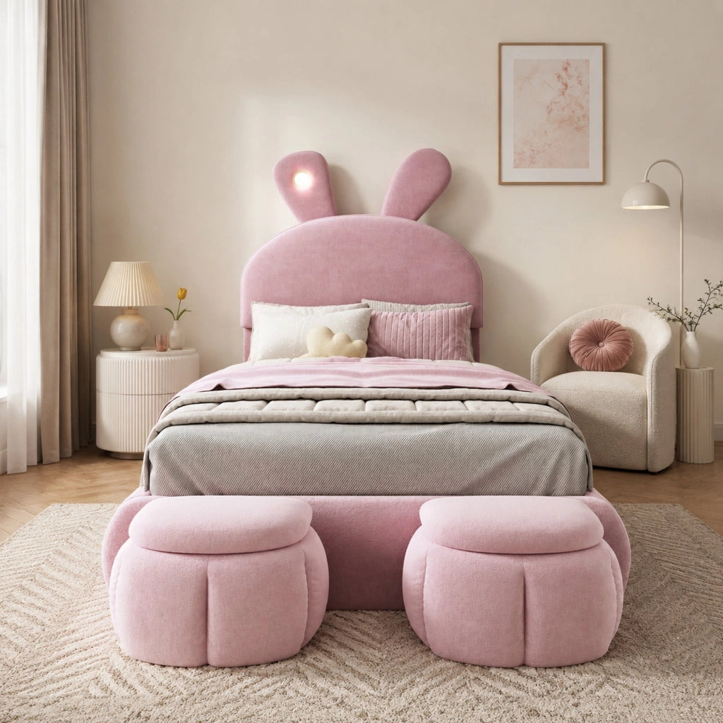 Letto singolo per bambini 90x200 cm con orecchie da coniglio LED e 2 pouf rosa