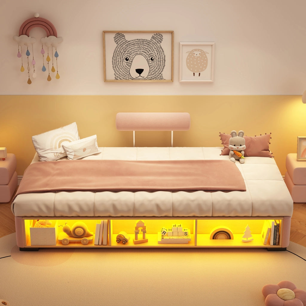 Letto per bambini imbottito 90x200 cm con LED e ripiani aperti in velluto rosa