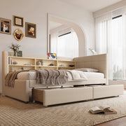 Letto singolo 90 × 200 cm con 2 cassetti USB e USB-C in lino beige con testiera e ripiani