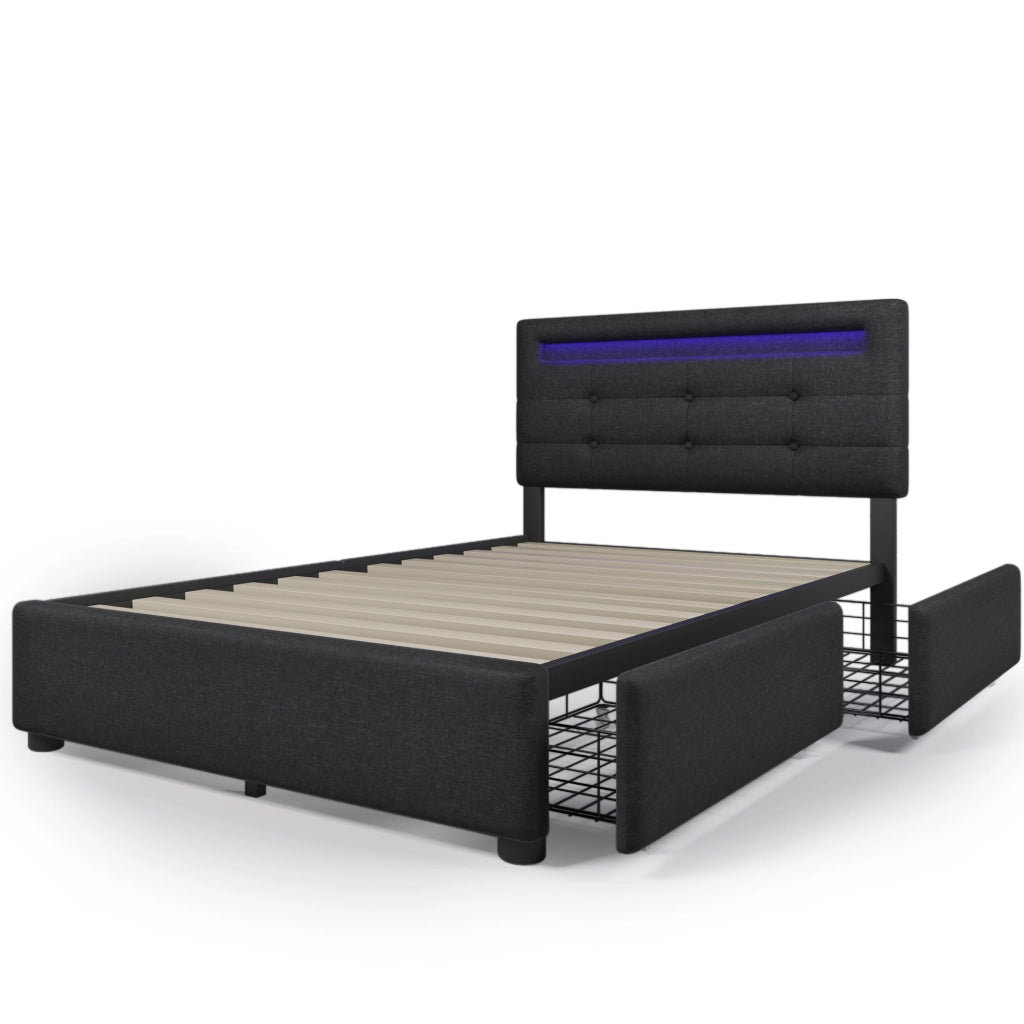 Letto singolo 90x200 cm nero con illuminazione LED e due cassetti