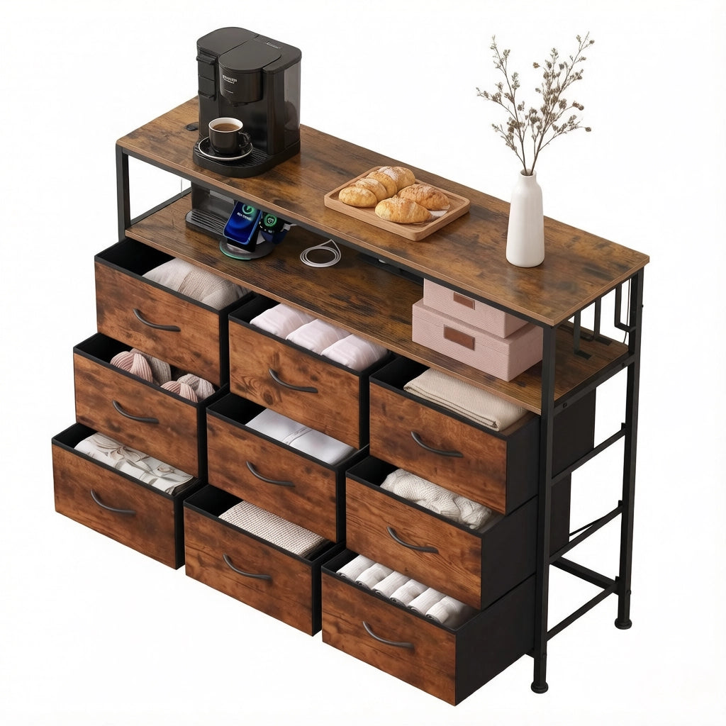 Mobile contenitore con 9 cassetti 2 ripiani presa multipla LED 110 × 85 × 30 cm marrone rustico e nero