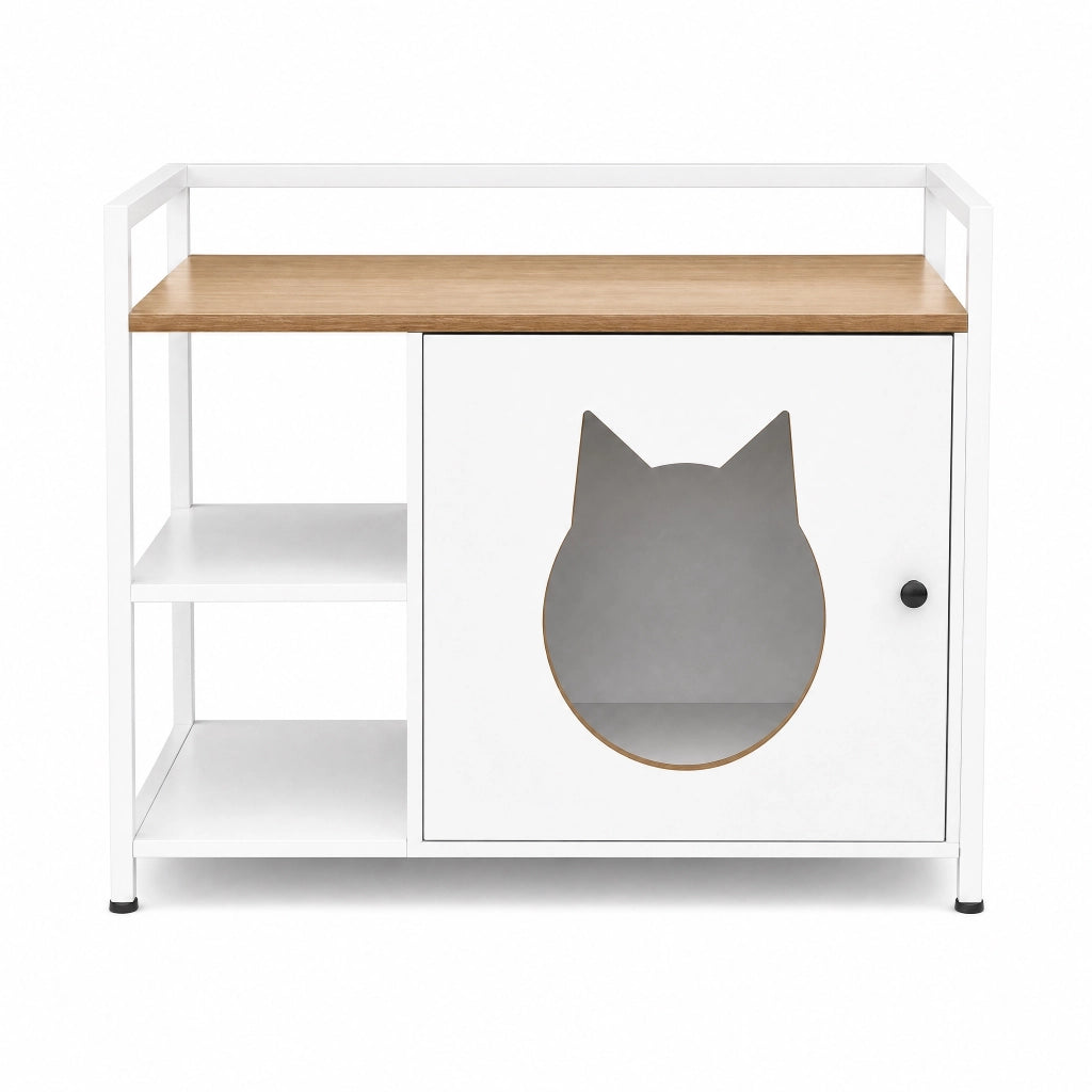 Mobile per lettiera con due ripiani aperti in MDF e metallo bianco e rovere chiaro