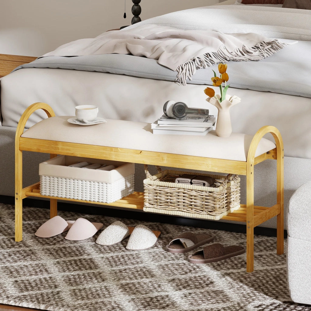 Bamboo shoe bench, hallway bench with upholstered hinged lid and hidden storage space, beige