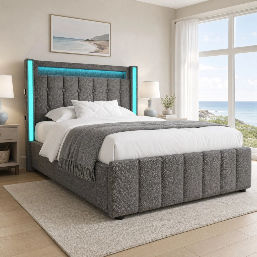 Letto singolo imbottito 90 × 200 cm grigio con LED USB tipo C e due cassetti