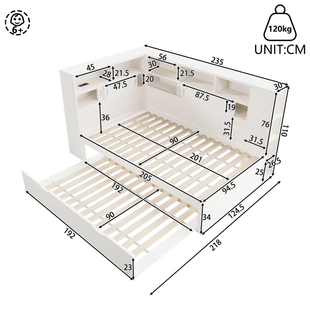 Letto singolo bianco 90x200 cm con letto estraibile