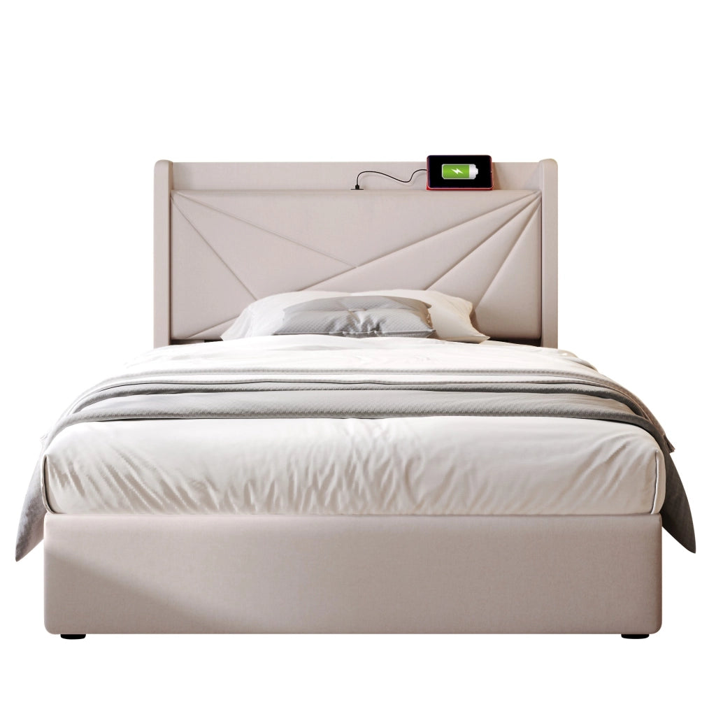 Letto singolo 90x200 con contenitore; testiera USB e Tipo C