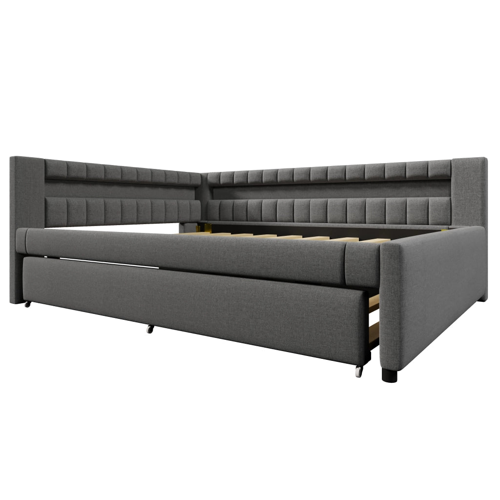 Letto con letto estraibile 140 × 200 cm con LED USB e Type-C in lino e MDF grigio