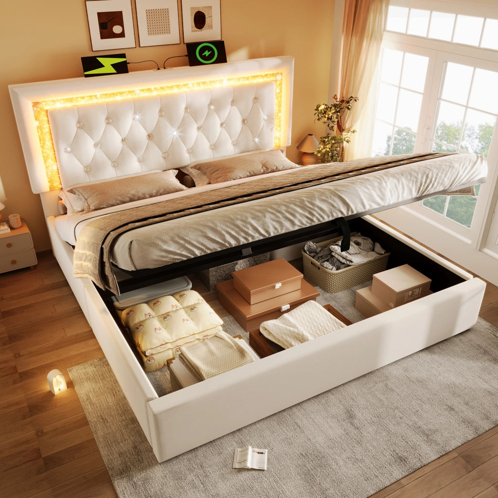 Letto matrimoniale 160x200 cm beige con contenitore