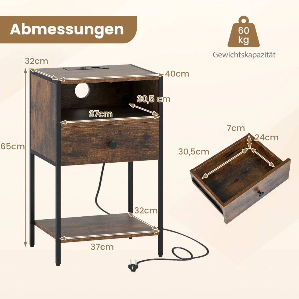 Nightstand with charging station, industrial side table with open compartment, drawer & shelf, rustic brown