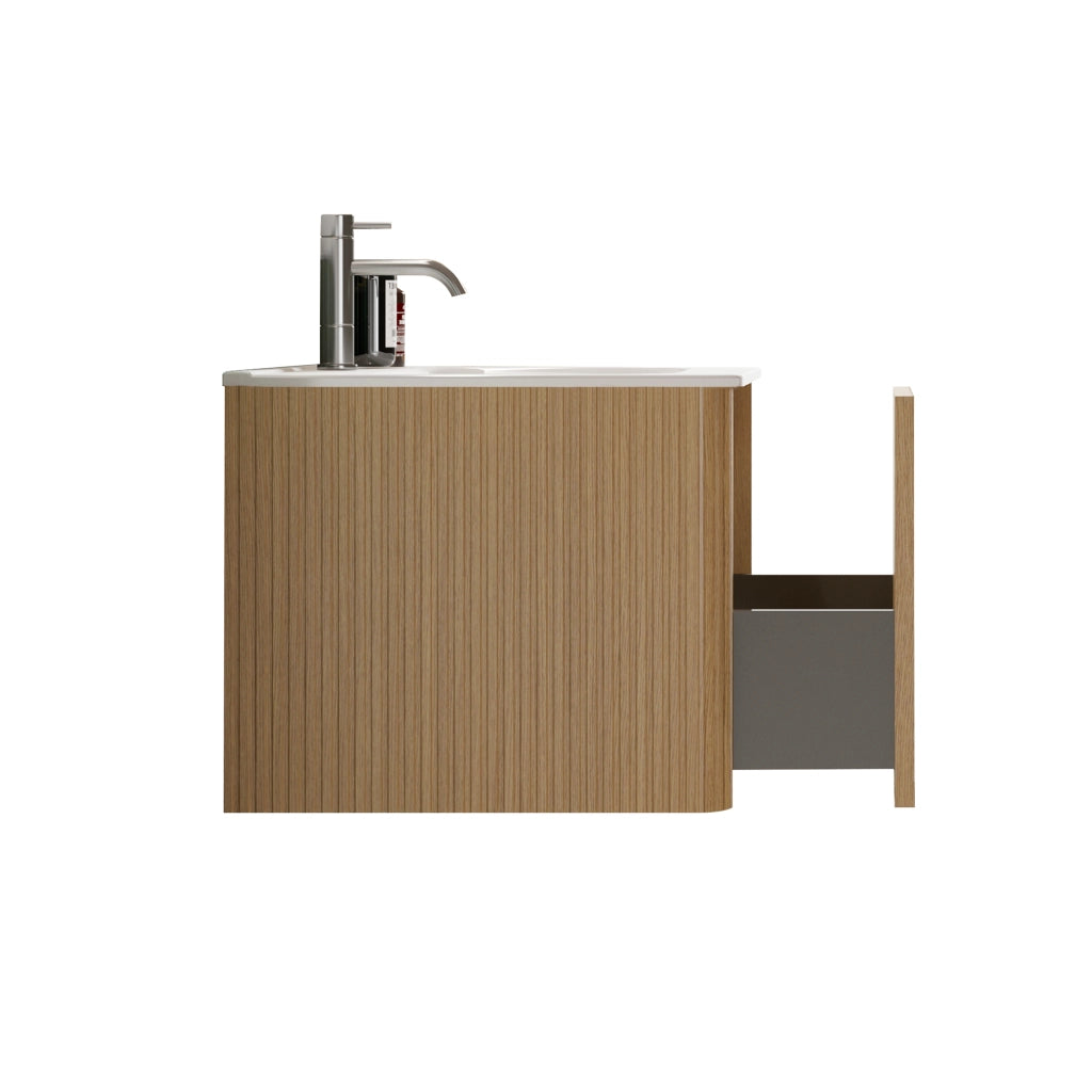 Mobile sottolavabo da bagno con lavabo 60 cm in MDF compensato e solid surface rovere con cassetti a pressione