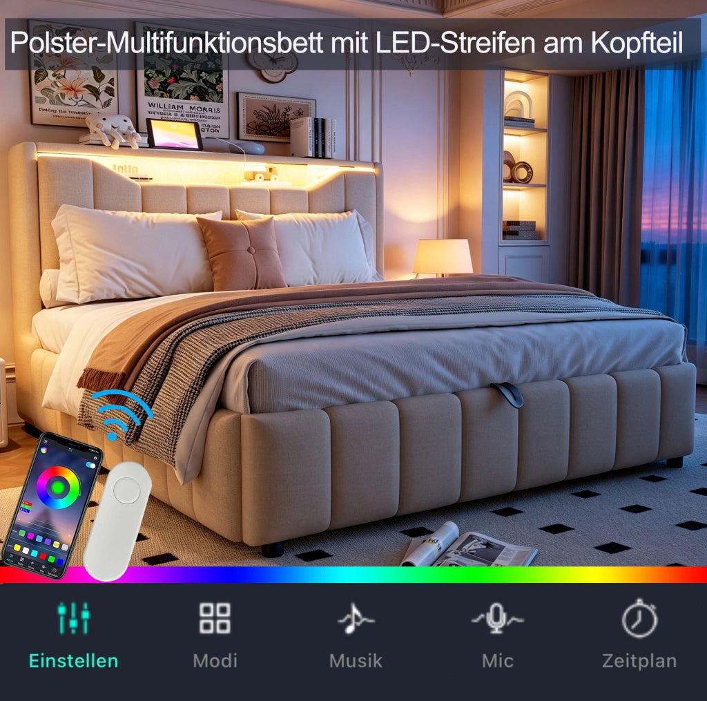 Letto contenitore 140x200 cm beige con LED e prese USB