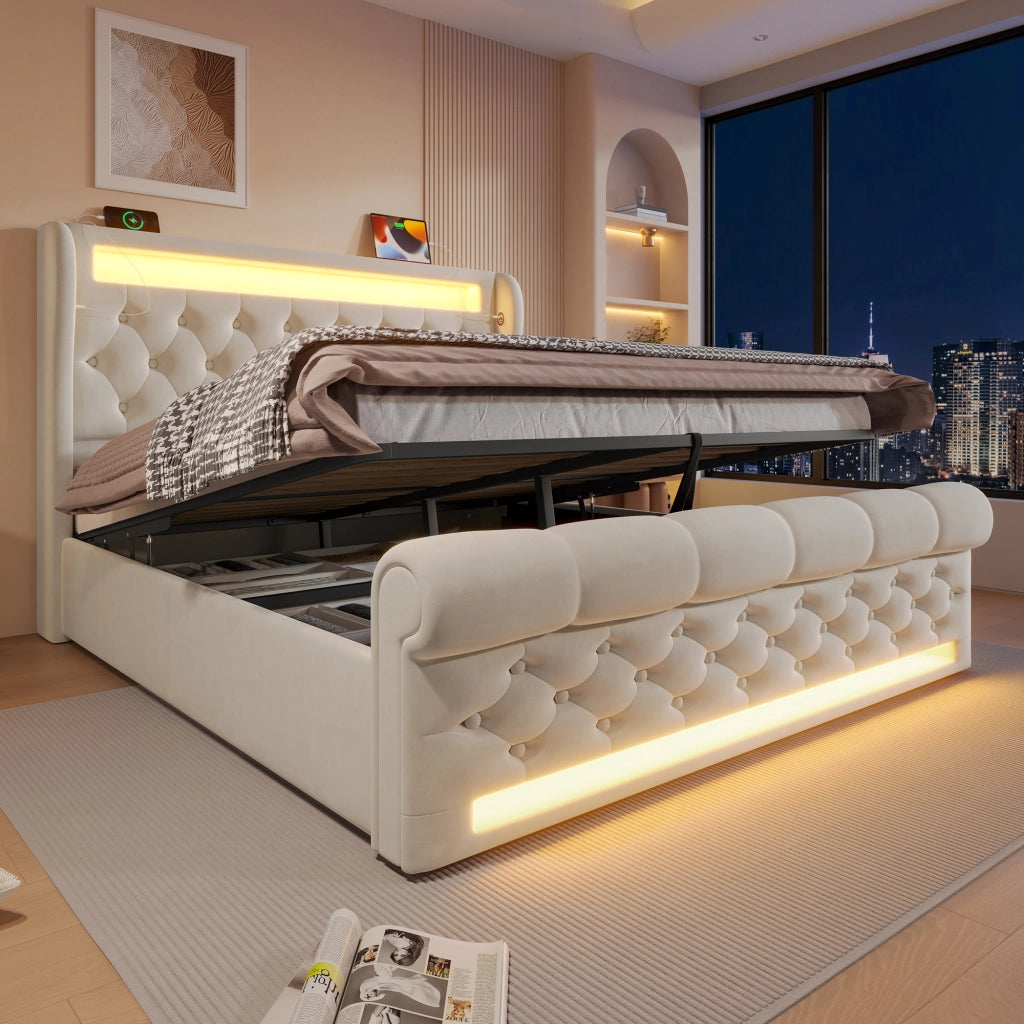 Letto matrimoniale contenitore 140 × 200 cm in velluto beige con LED USB e Type-C
