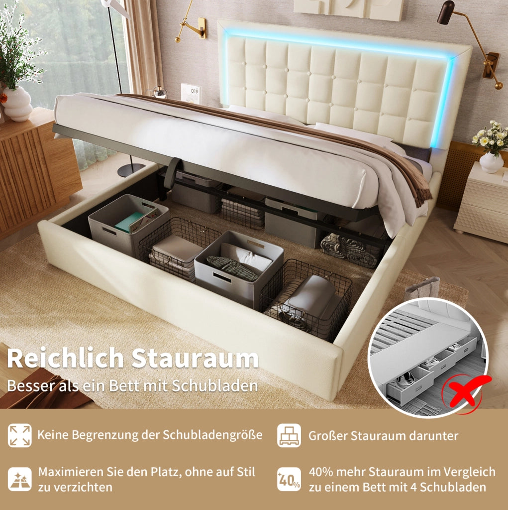 Letto matrimoniale contenitore 180x200 cm con LED, bianco
