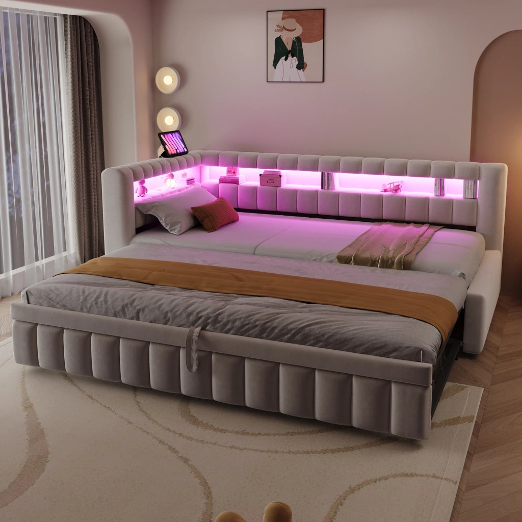 Letto imbottito estraibile con LED USB e Type C in velluto beige con rete a doghe e ripiani