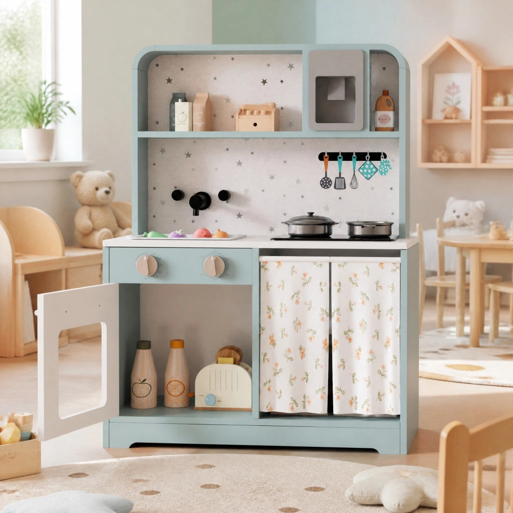 Cucina giocattolo per bambini 60x29x81 cm con microonde e accessori; blu in MDF e plastica