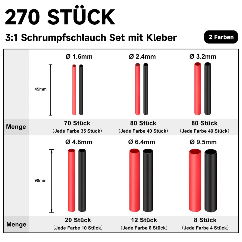 Kit di termorestringente 3:1, 270 pezzi, impermeabile, diametro da 1,6 a 9,5 mm