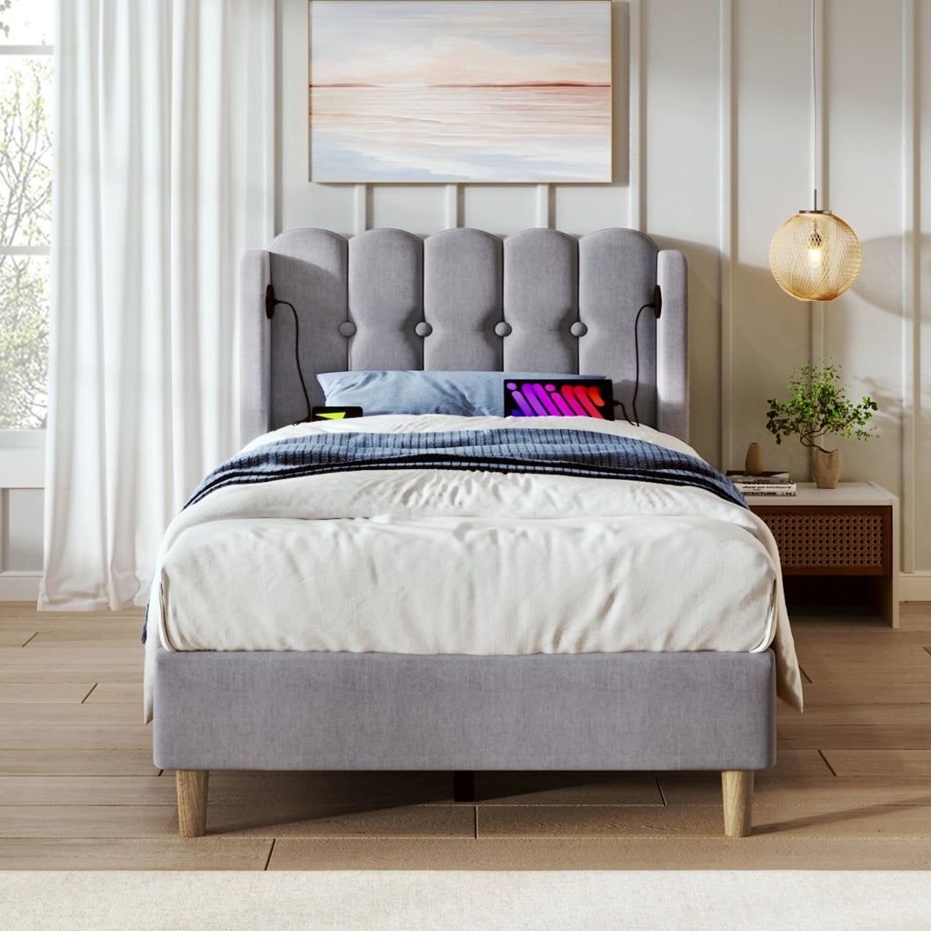 Letto singolo imbottito 90x200 cm grigio con ricarica USB-C