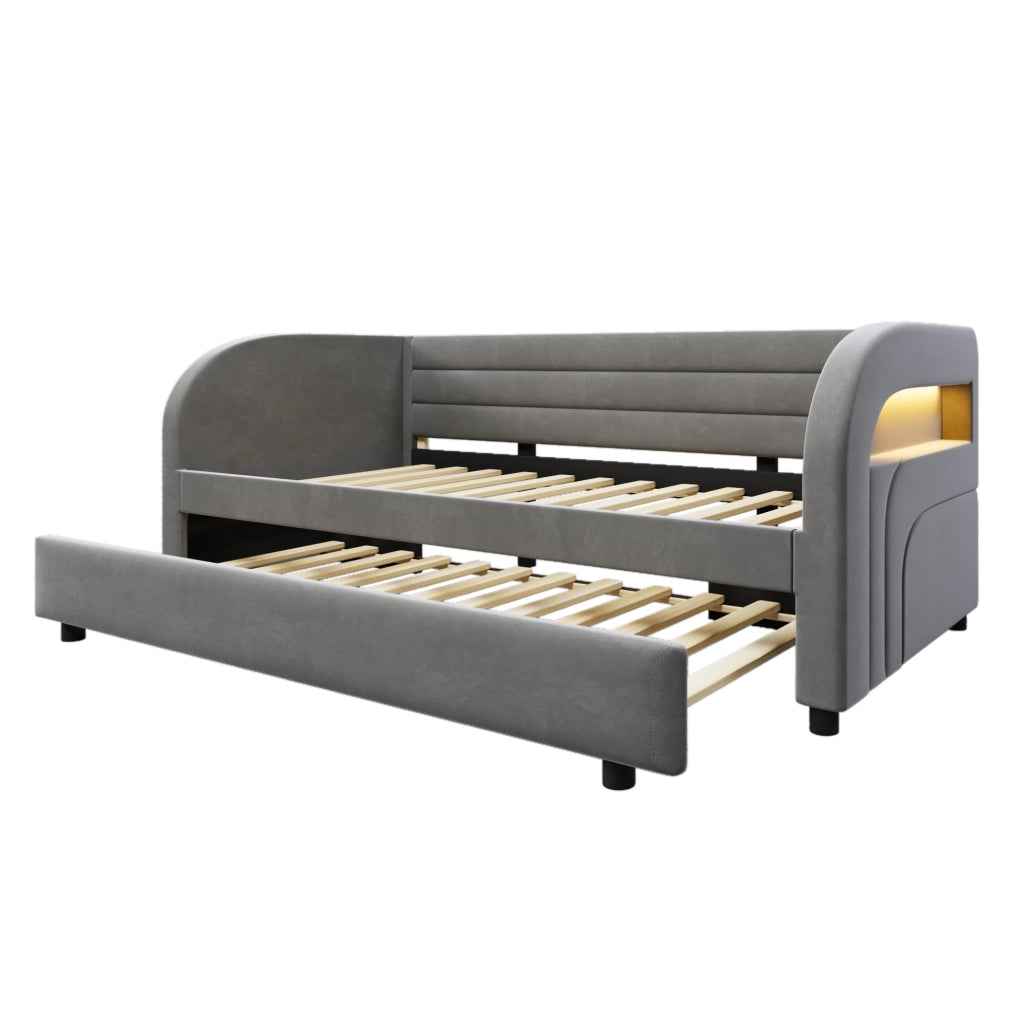Letto imbottito 90x200 cm grigio con letto estraibile e LED