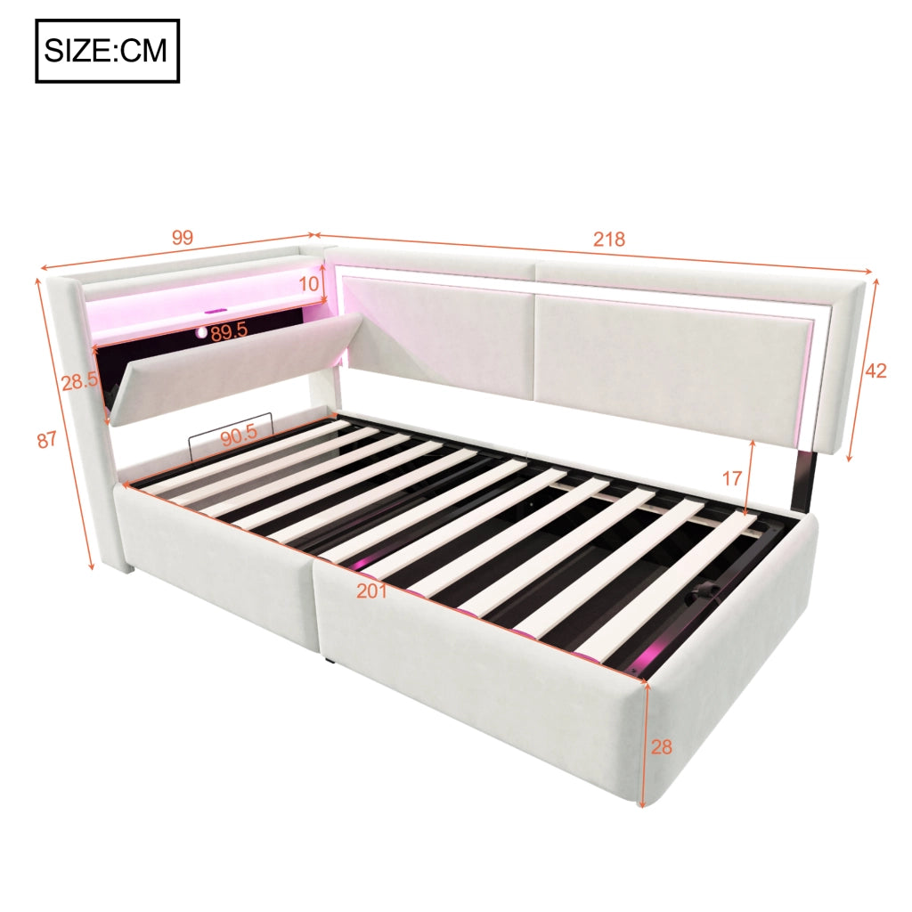 Letto singolo imbottito 90 × 200 cm con contenitore LED USB in velluto beige e testiera con ripiani