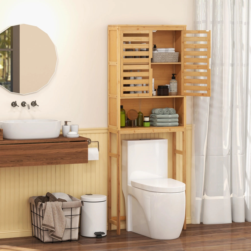 Bamboo Toilet Cabinet with 2 Slatted Doors & Open Shelf & Adjustable Crossbar