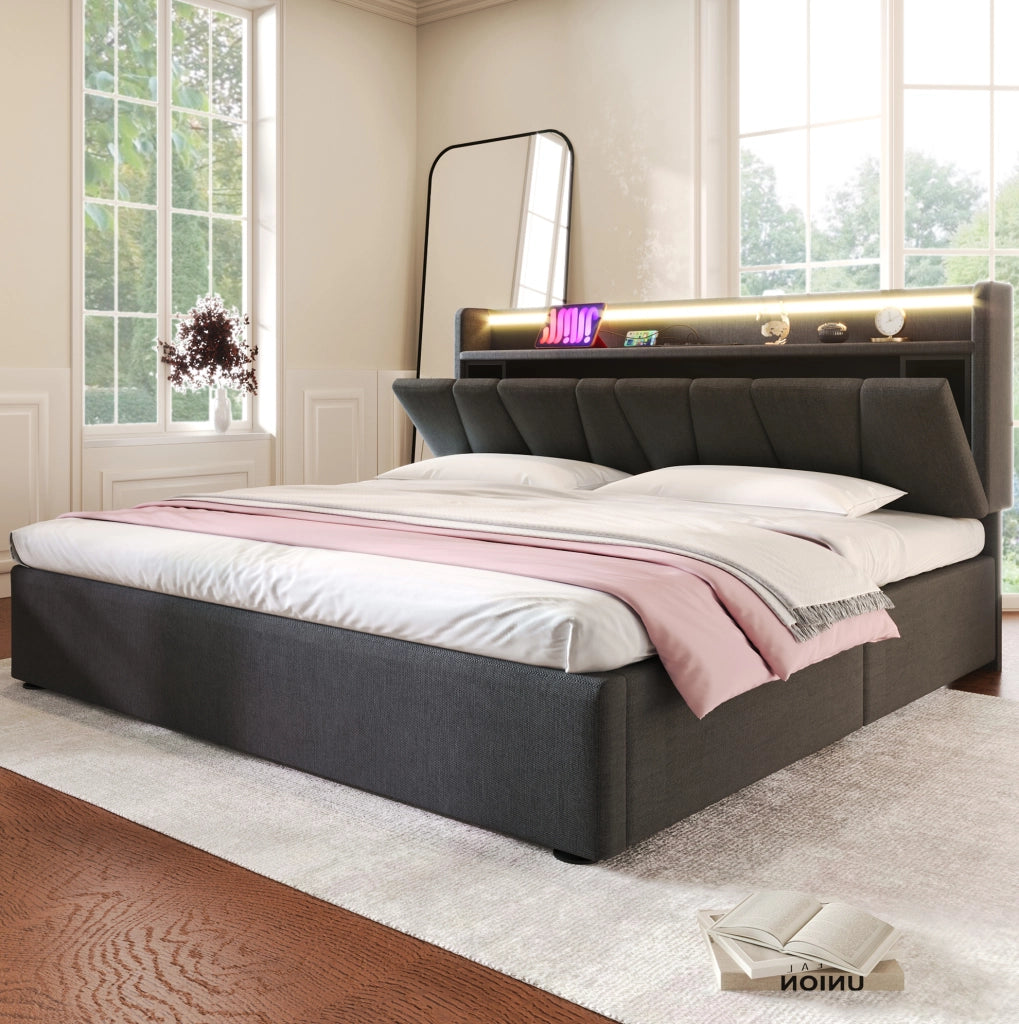 Letto contenitore 140x200 cm grigio con LED RGBW e prese USB
