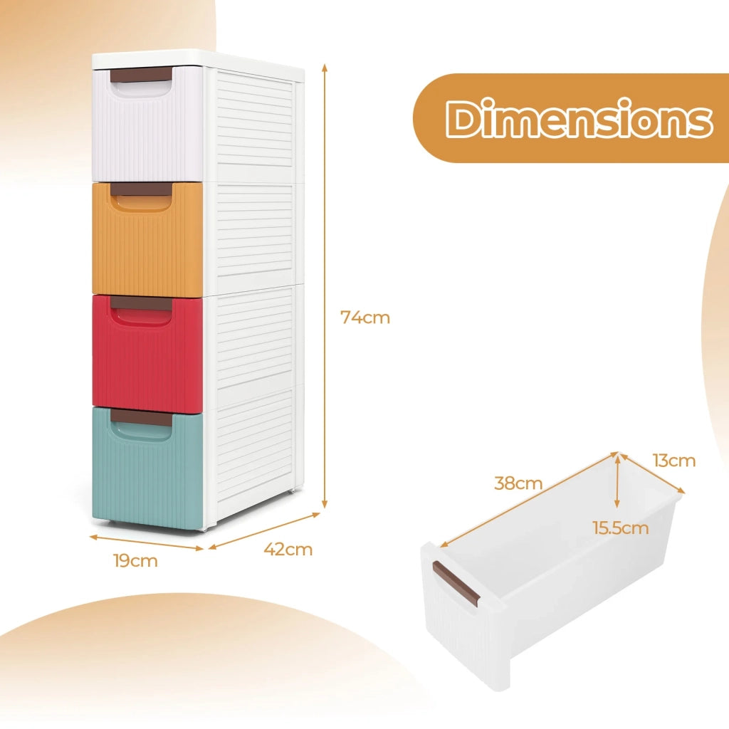 Cassettiera a 4 Cassetti con Ruote, PP Multicolore, Salvaspazio per Bagno e Ufficio