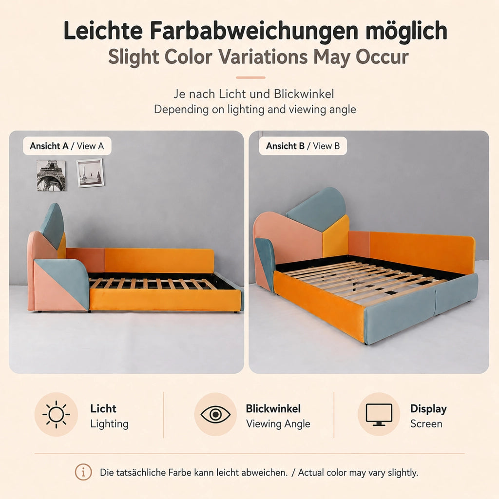 Letto per bambini imbottito 140 × 200 cm in velluto francese blu rosa e arancione con sponde rialzate patchwork