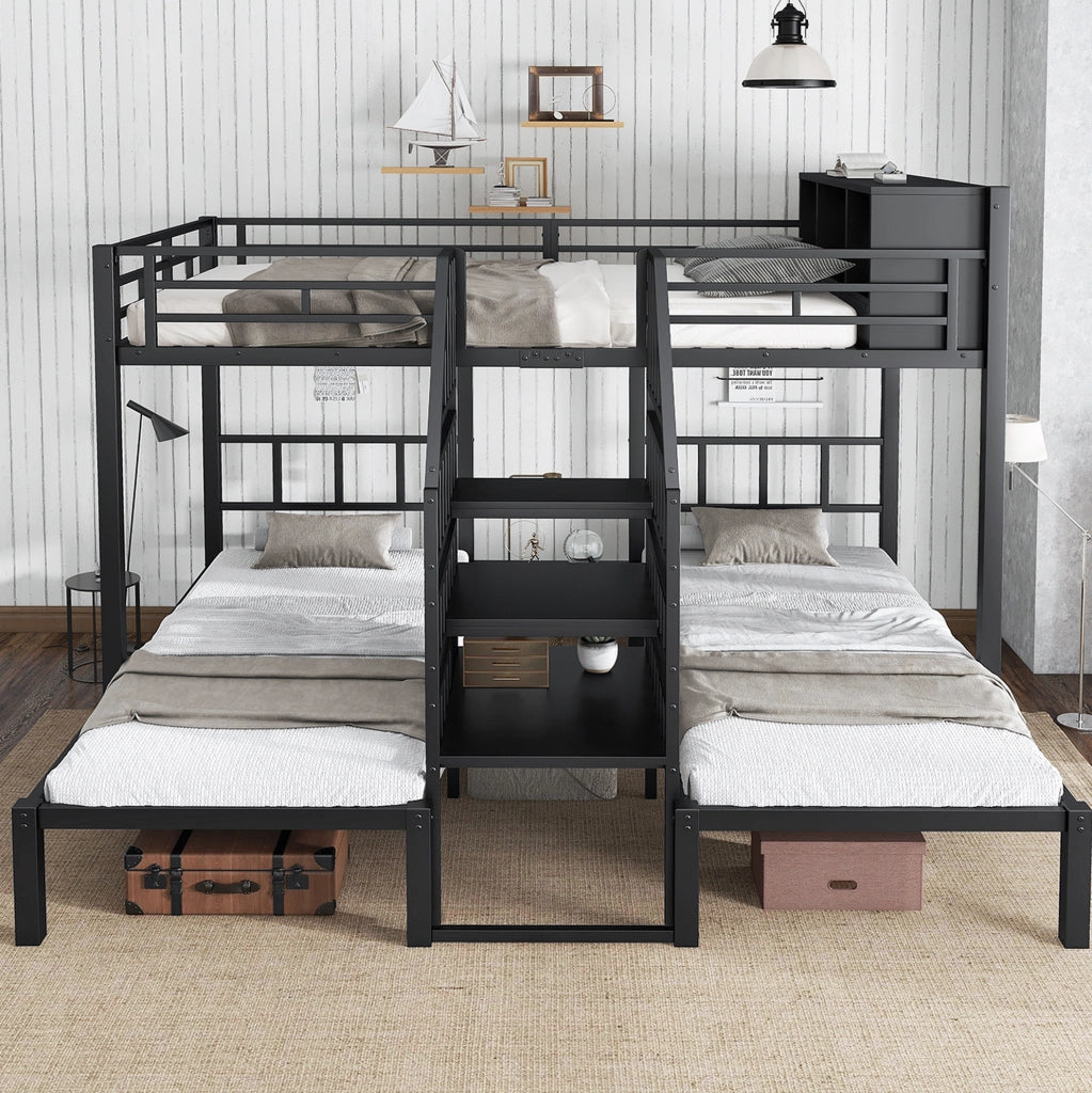 Letto a castello 3 posti 90x200 e 140x200 cm con scala e contenitore; nero