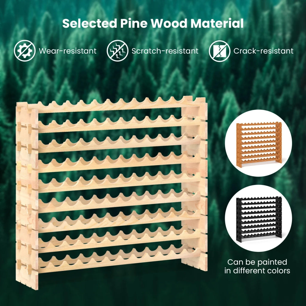 Stackable Modular Wine Rack for 108 Bottles 9 Tier Wooden Wine Rack Freestanding Wine Display Shelf Natural
