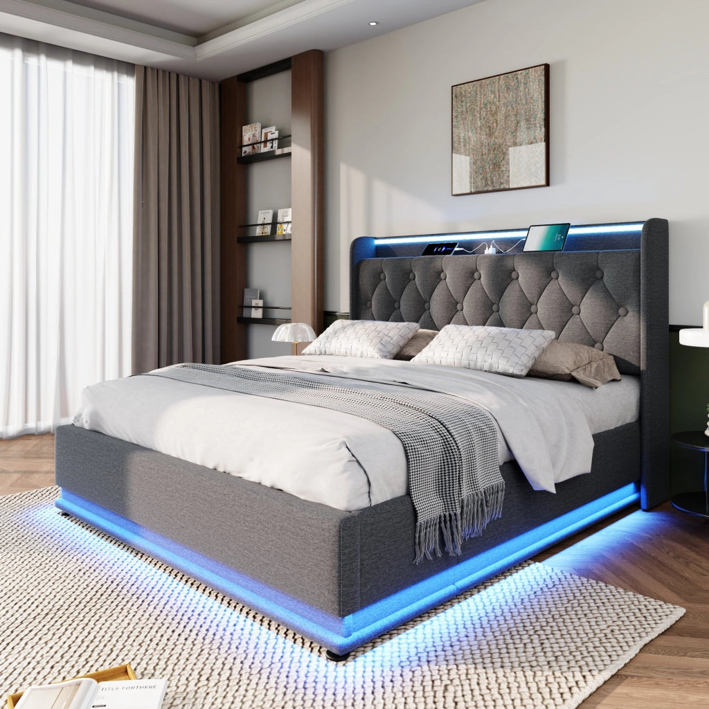 Letto matrimoniale contenitore 140x200 cm grigio con LED
