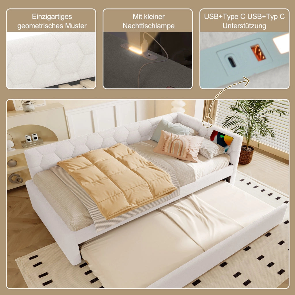 Letto daybed 90x200 cm con letto estraibile, USB, Type-C e lampada, bianco