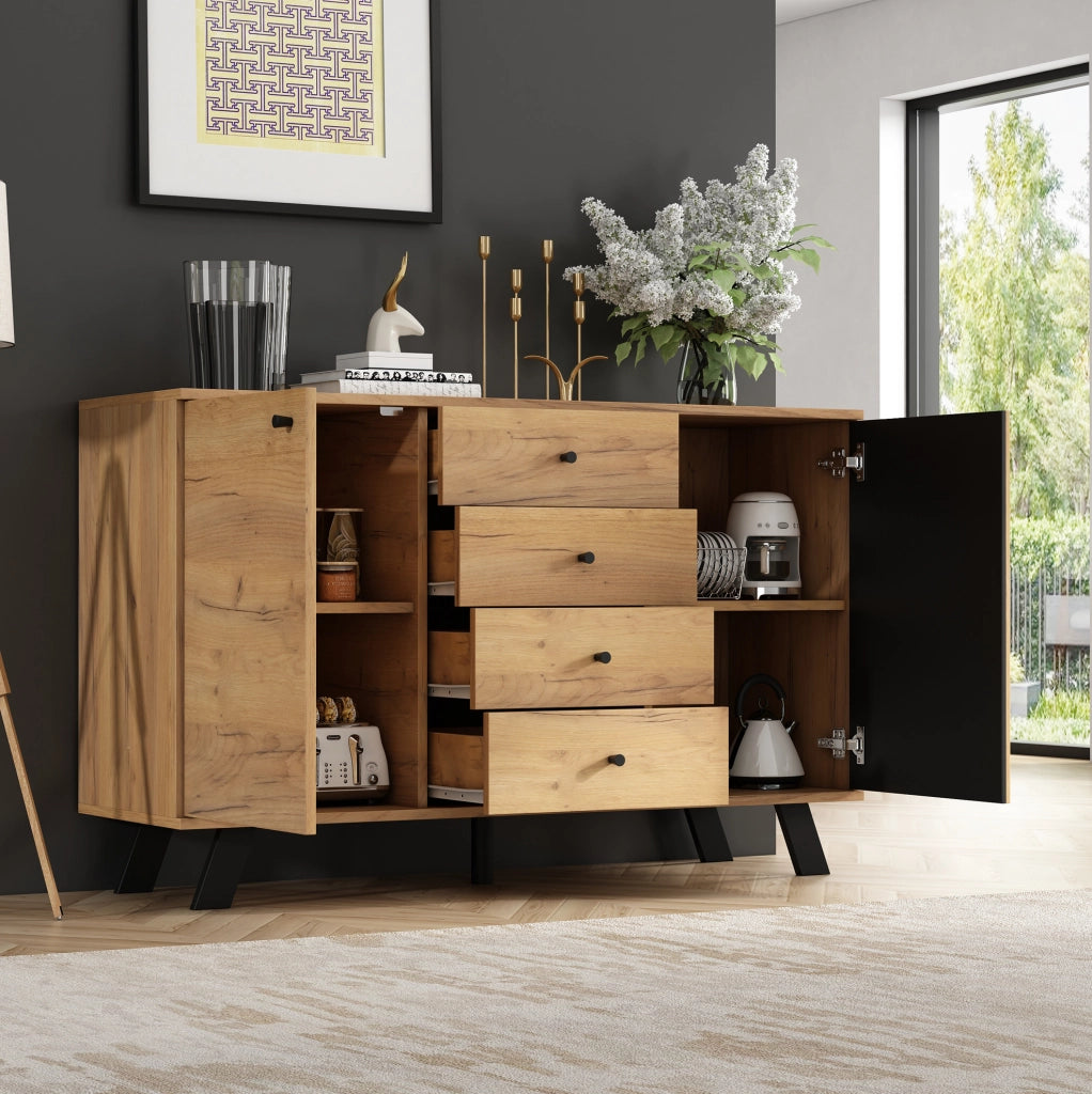 Set mobile TV 150 cm e credenza 120 cm con cassetti; naturale e nero