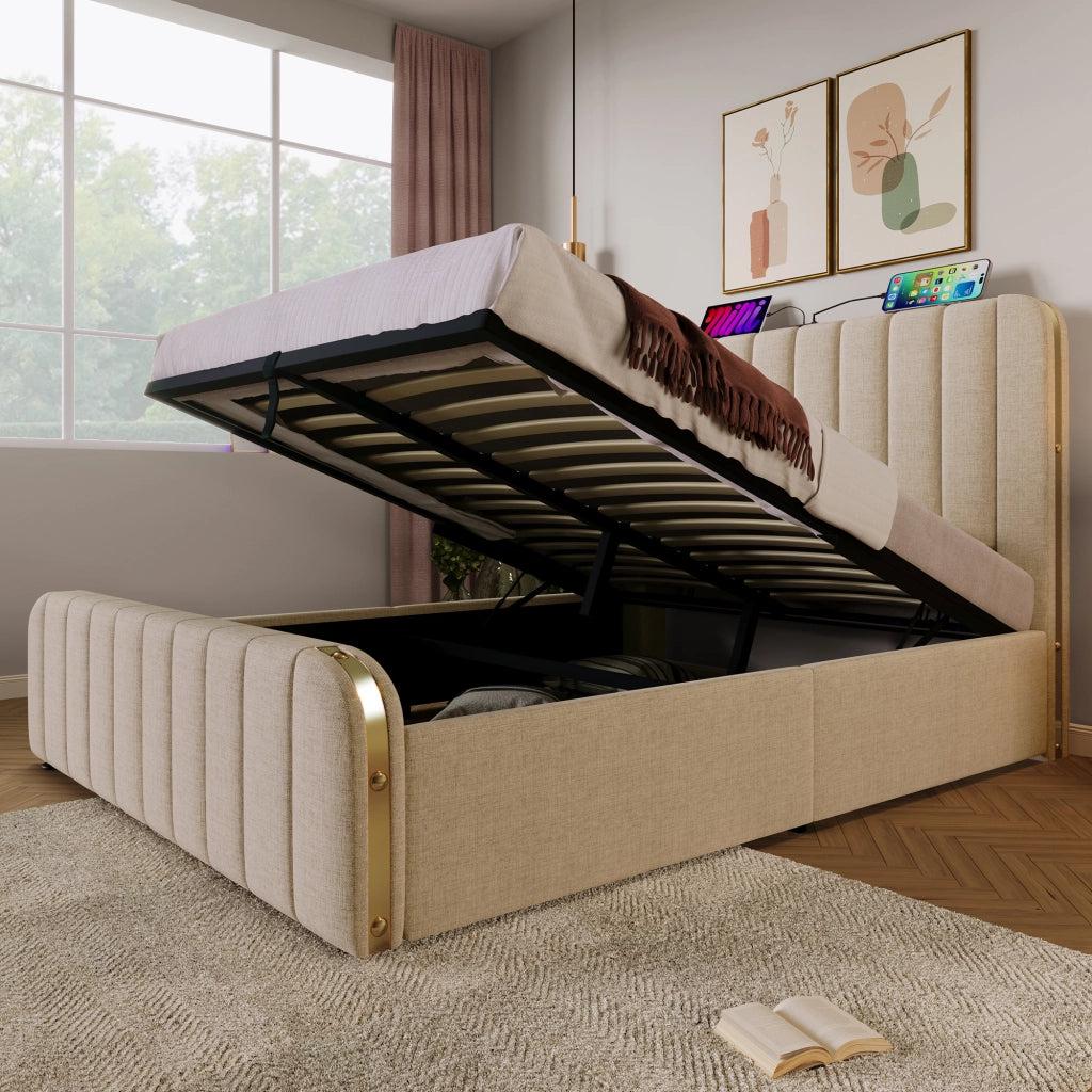 Letto contenitore matrimoniale 140x190 cm beige imbottito