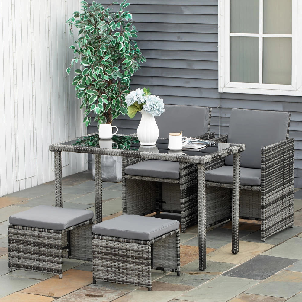 Set da Pranzo da Giardino in Polyrattan Grigio per 4 Persone con Cuscini, Salotto da Esterno Resistente e Durevole per Terrazza