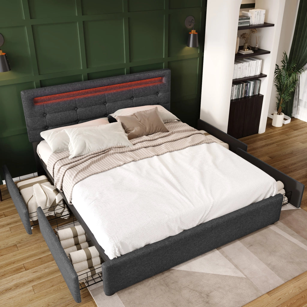 Letto contenitore grigio 140x200 con testiera LED