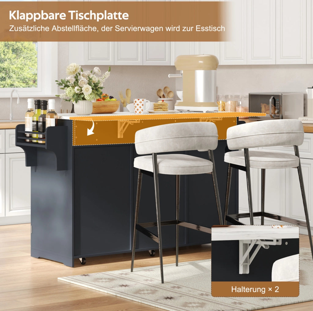 Isola cucina mobile grigia con piano ribaltabile e prese USB