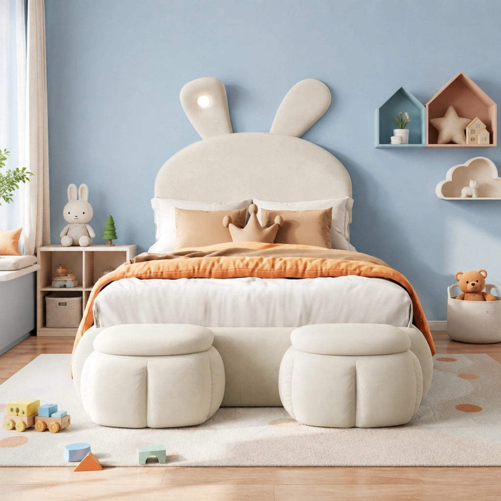 Letto singolo per bambini 90x200 cm con LED regolabile e 2 pouf; velluto beige