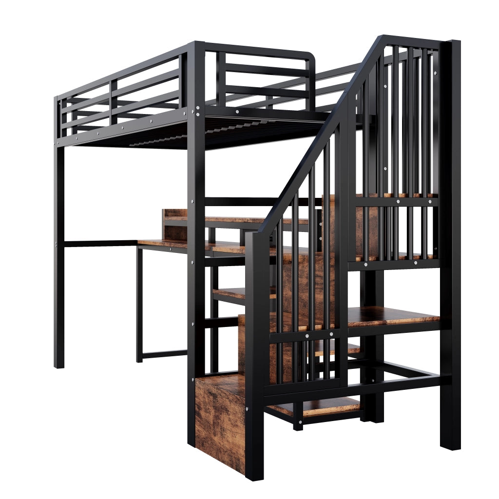 Letto a soppalco 90 × 200 cm in metallo e MDF nero con armadio scala ripiani LED USB e USB C