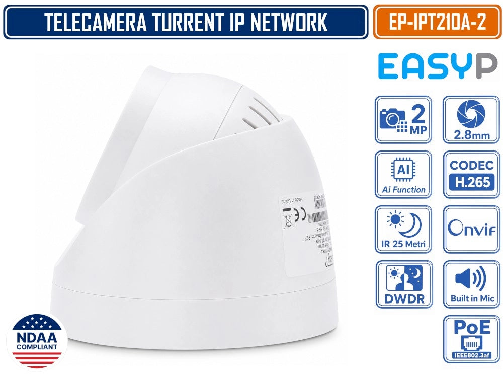 TELECAMERA TURRET IP EASY-P EP-IPT210A-2 2MP FULL HD CON INTELLIGENZA ARTIFICIALE, OTTICA 2.8 MM, IR 25M, MICROFONO INTEGRATO, POE E P2P