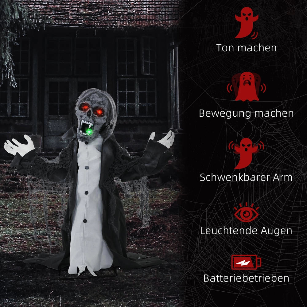 Scheletro zombie animato Halloween 75 cm con luci LED, effetti sonori e sensore, decorazione per giardino e casa