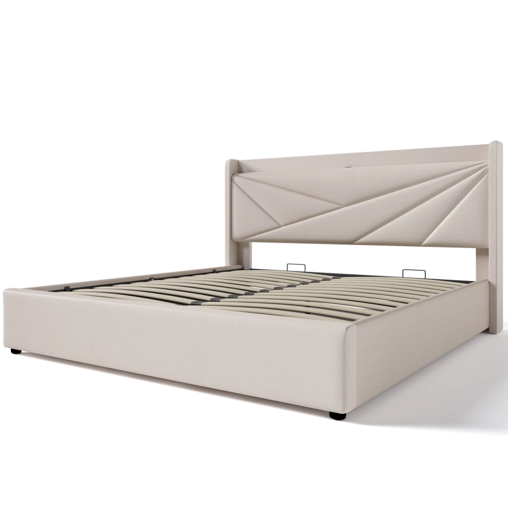Letto matrimoniale contenitore 140x200 beige con testiera USB e Tipo-C