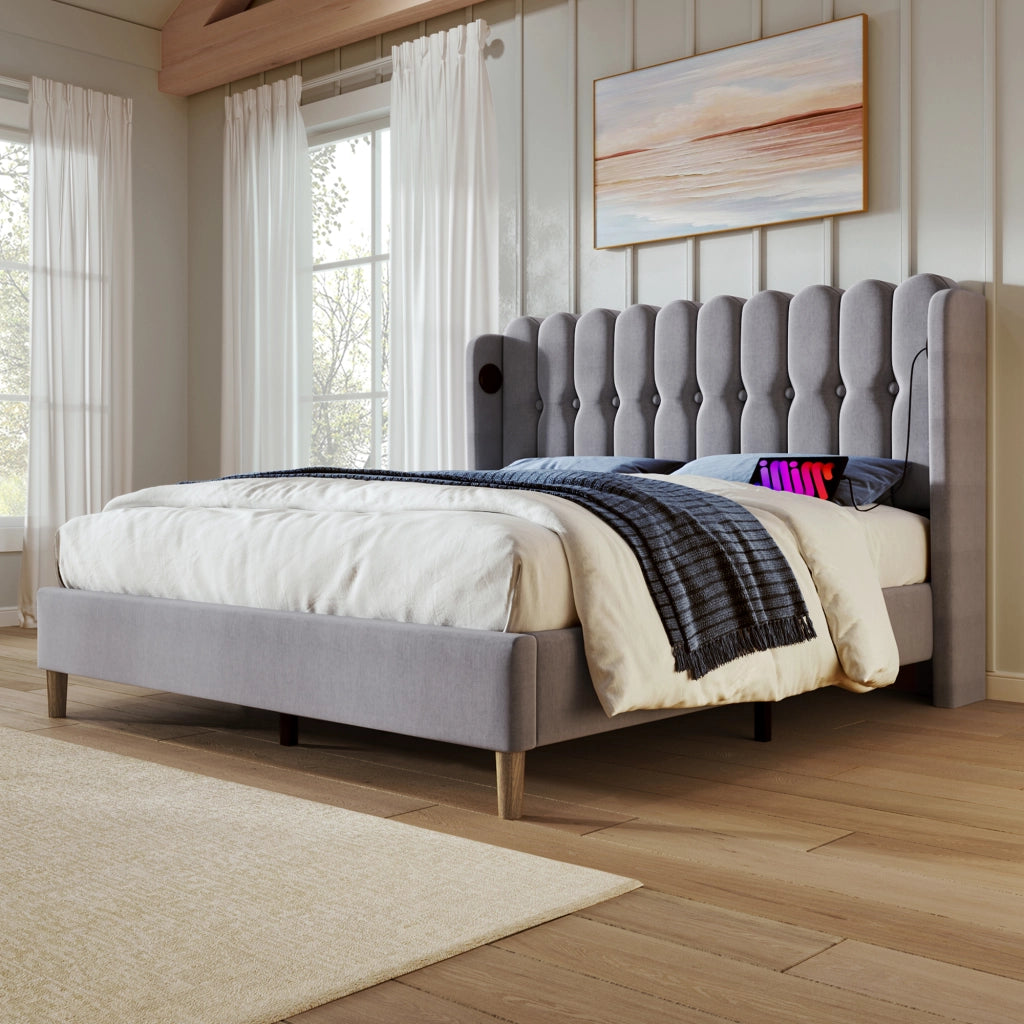 Letto matrimoniale imbottito grigio 160x200 cm con prese USB e Tipo-C