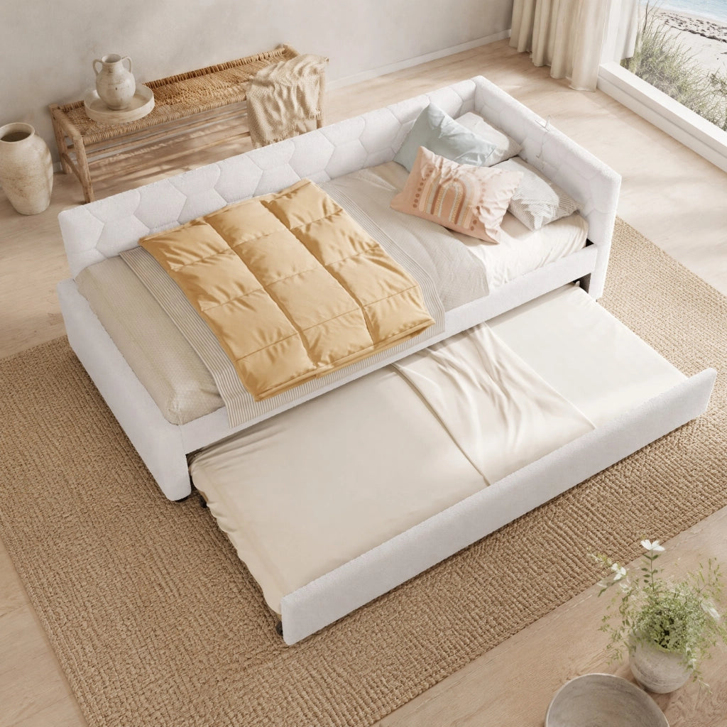 Letto daybed 90x200 cm con letto estraibile, USB, Type-C e lampada, bianco