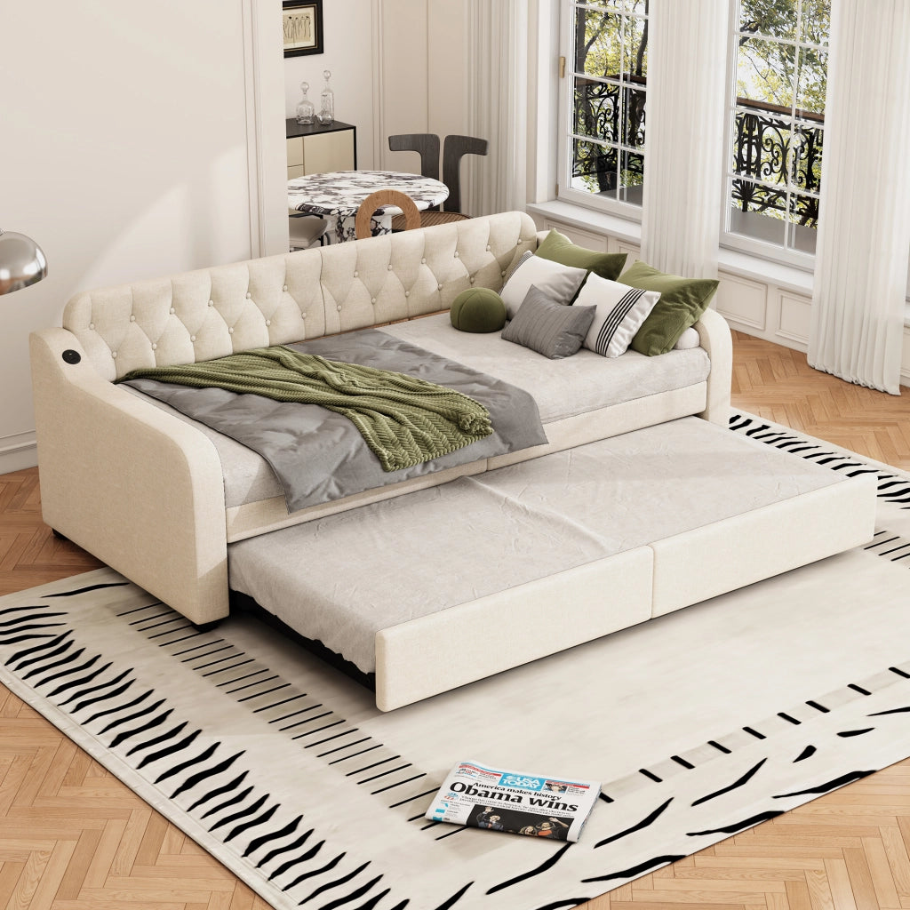 Divano letto beige 90 x 200 cm con letto estraibile