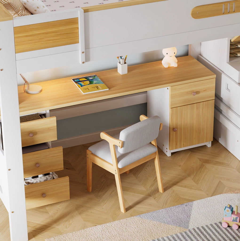 Letto a soppalco 90x200 cm bianco e naturale con scrivania