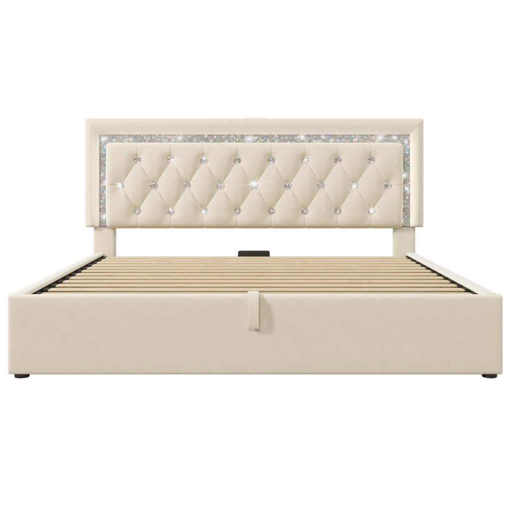 Letto imbottito beige 140x200 cm con testiera LED