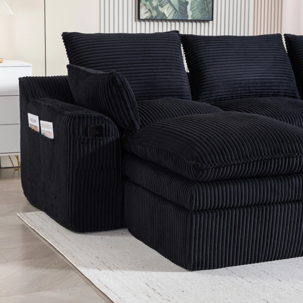Divano modulare ULEVR 335x167x85 cm in velluto a coste nero con tasche laterali e cuscini