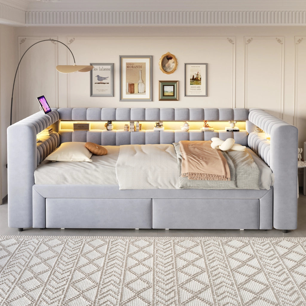 Divano letto estraibile 90 × 190 cm in velluto grigio chiaro con cassetti LED USB e Type-C e vani integrati