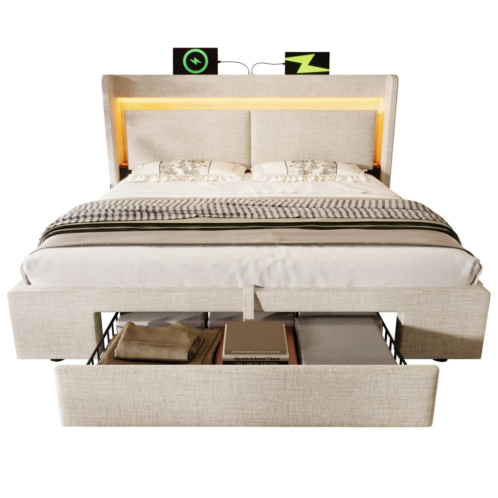 Letto imbottito beige 160x200 cm con contenitore